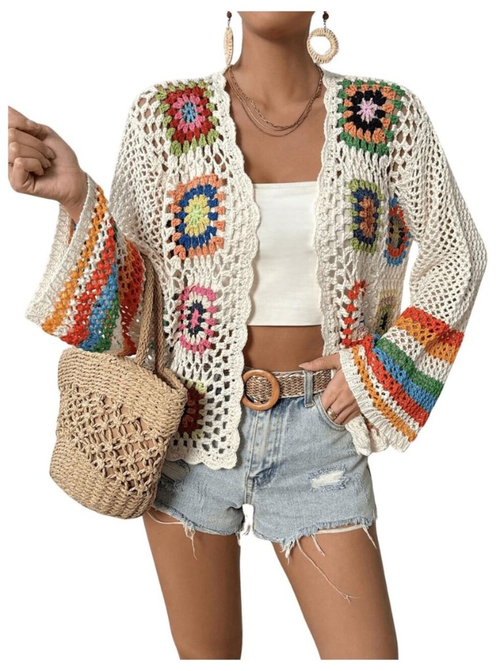 Women's Floral Crochet Cardigan Long Sleeve Cardigan Sweater